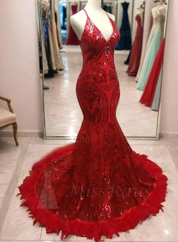 Halter Sheath  V Neck Sequence Red Prom Dress With Feathers