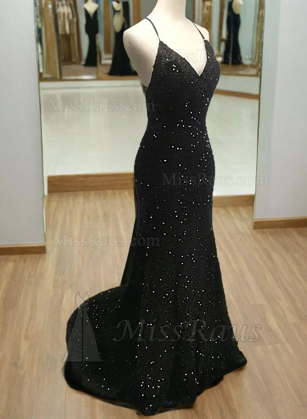 Black Sheath Halter Sequence Long Prom Dress