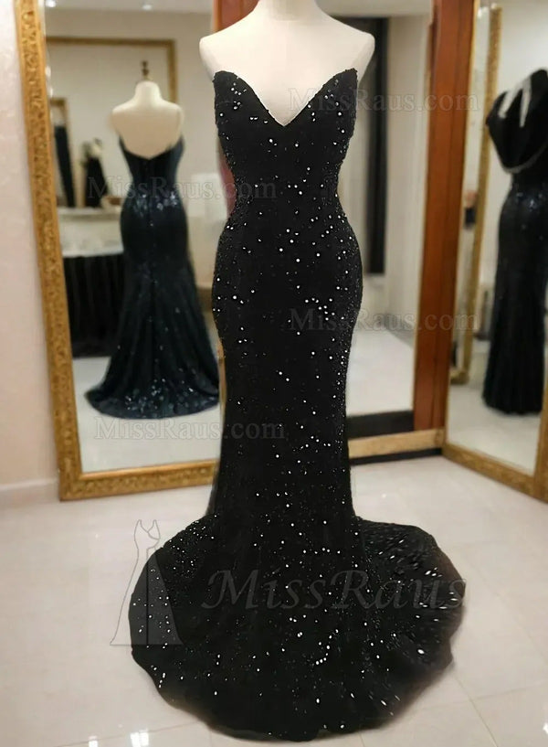 Black Strapless Sequence Mermaid Long Sweetheart Prom Dress