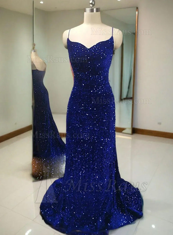 Royal Blue Sheath Sequence Spaghetti Straps Long Prom Dress