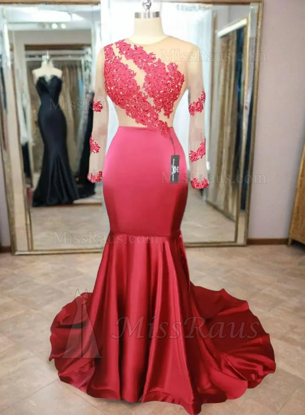 Burgundy Silk Like Satin Long Sleeves Mermaid Long Prom Dress With Appliques