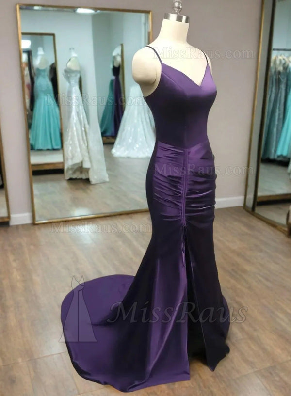 Pleated Regency Silk Like Satin V Neck Pleated Long Prom Dress