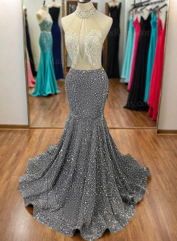 Silver Long High Neck Sequence Mermaid Beaded Prom Dress