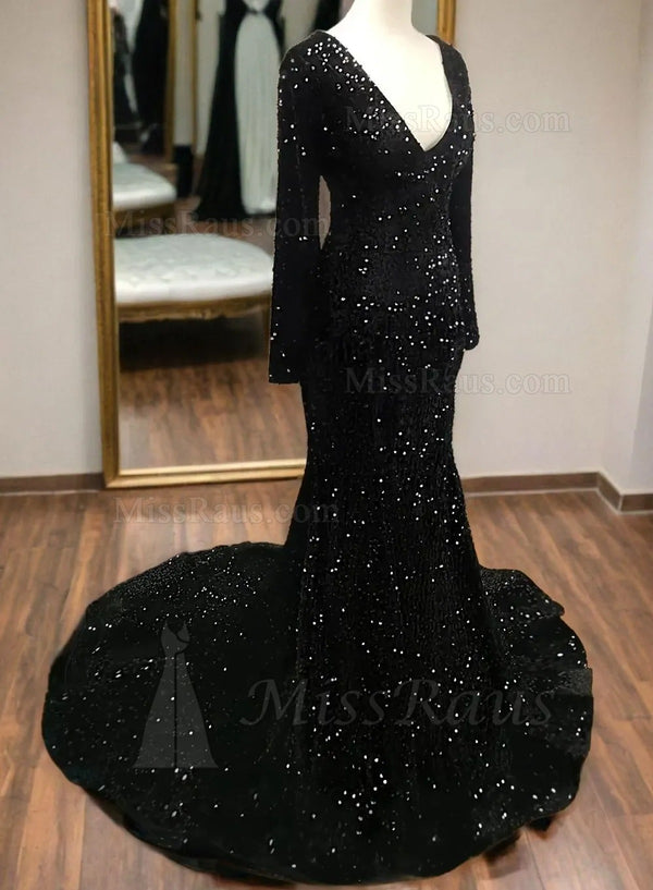 Black Long Sleeves Sequence V Neck Long Plus Size Prom Dress