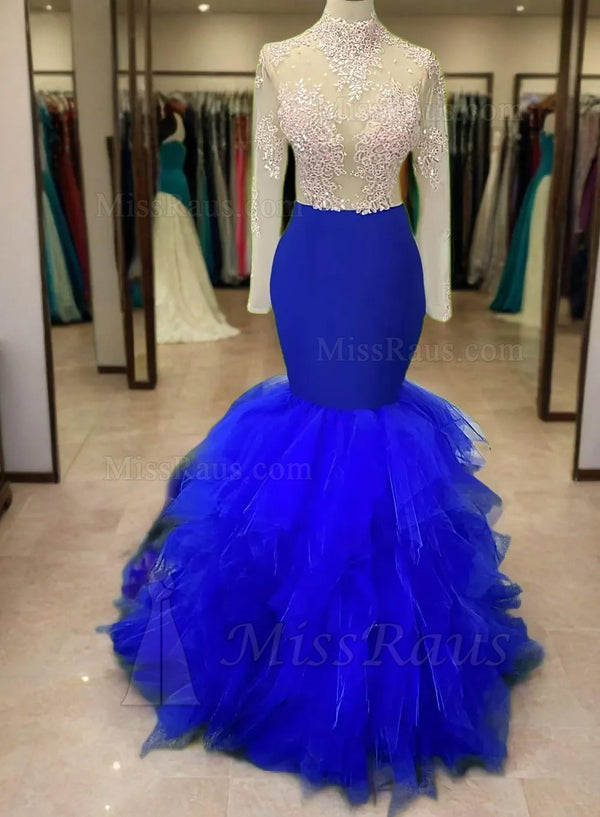 Royal Blue Mermaid Long Sleeves High Neck Tulle Long Prom Dress