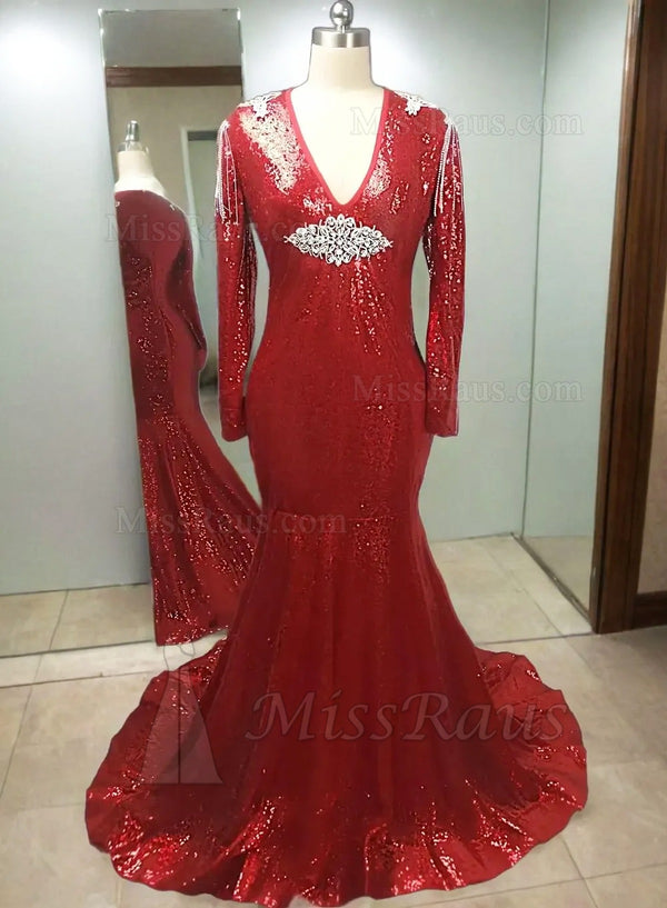 Red Mermaid Sequence Long Sleeves V Neck Plus Size Prom Dress