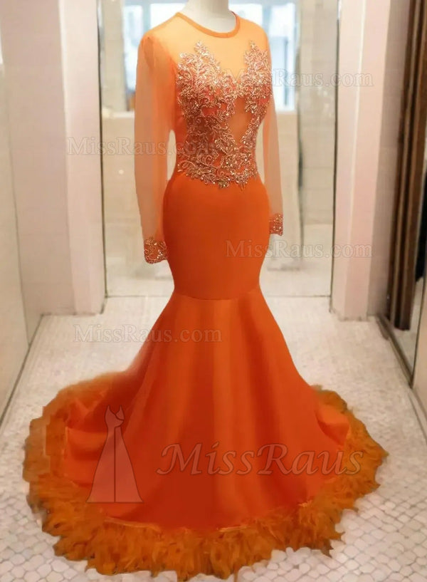 Orange Mermaid Long Sleeves Applique With Beads Prom Dress With Feathers