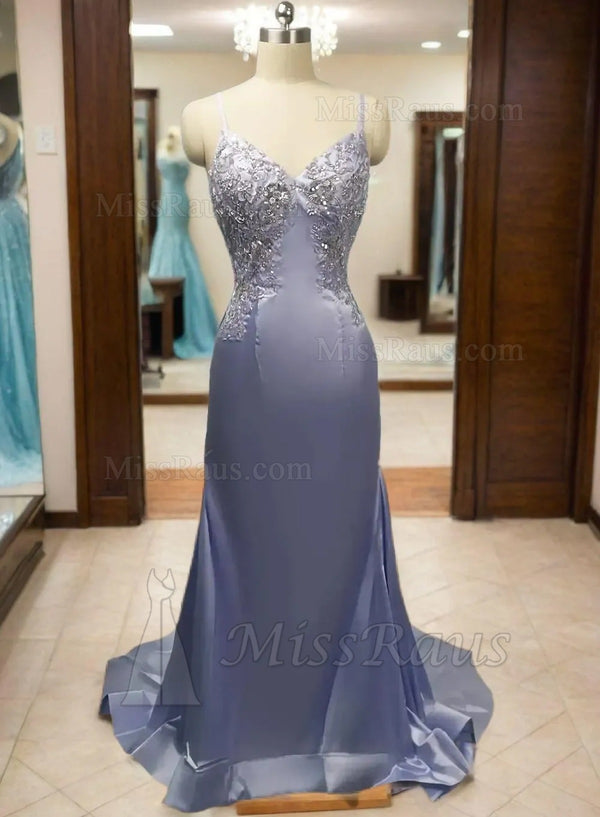 Sheath Sweetheart Lavender Silk Like Satin Beaded Long Prom Dress With Beads