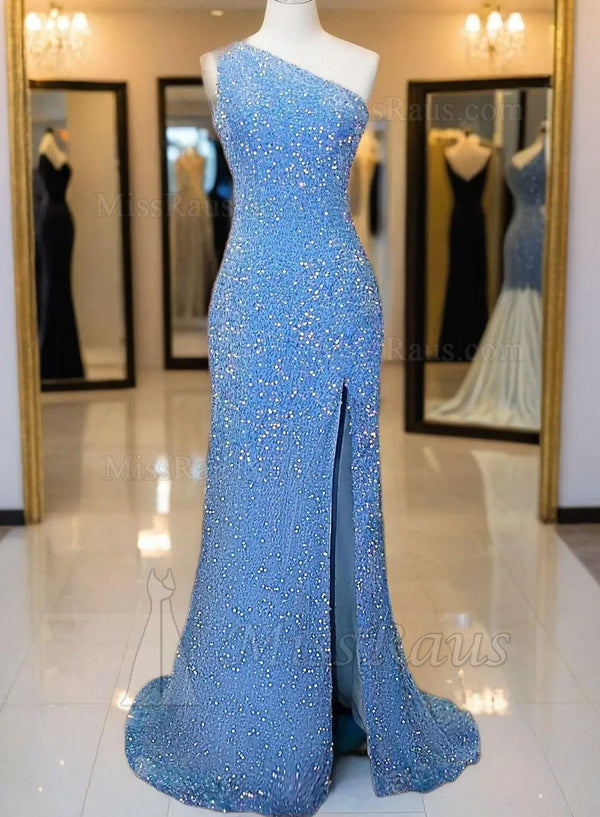 Blue One Shoulder Side Slit Sequence Floor Length Prom Dress