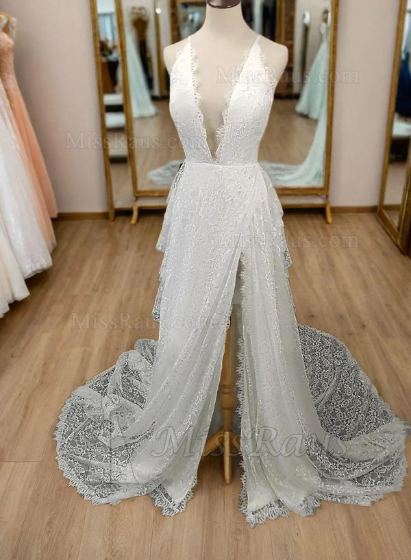 A Line Ivory V Neck Lace Slit Long Beach Wedding Dress