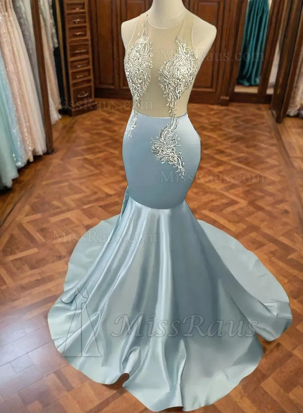 Satin Light Sky Blue Mesh With Applique Mermaid Long Prom Dress