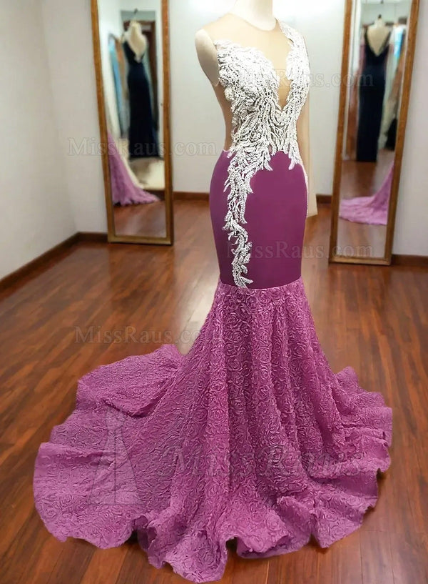 Mermaid Fuchsia Silk Like Satin Mesh With Beaded Long Prom Dress