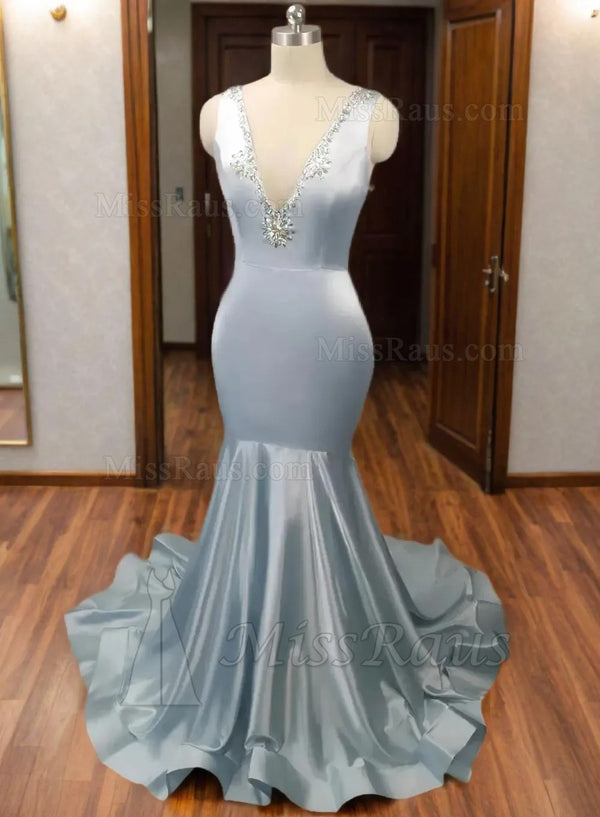 Light Sky Blue Mermaid Silk Like Satin V Neck Long Beaded Prom Dress