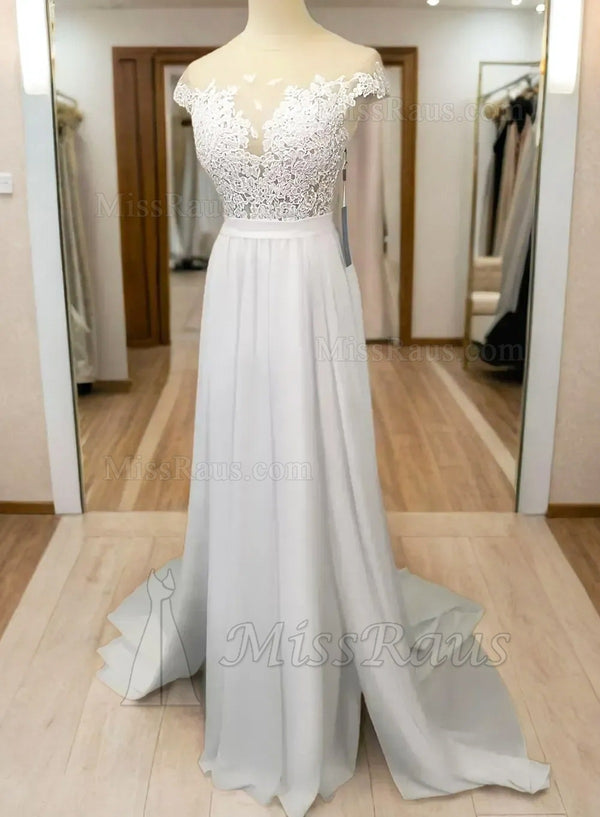 A Line Chiffon Scoop Long Beach Wedding Dress With Applique