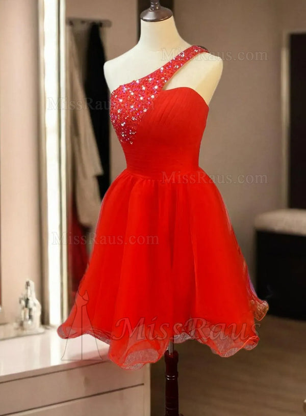 A Line Tulle Red One Shoulder Beaded Short Homecoming Dress