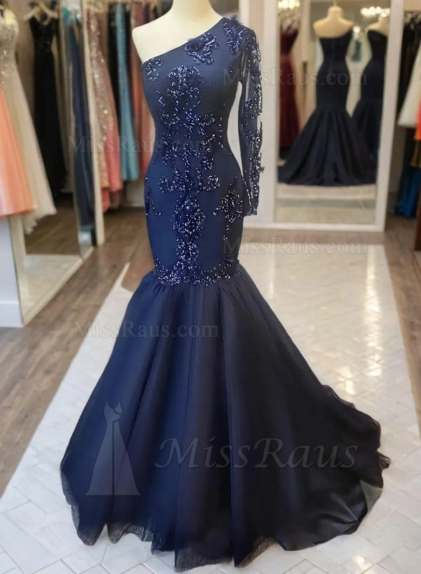 One Shoulder Dark Navy Mermaid Tulle With Beads Long Prom Dress