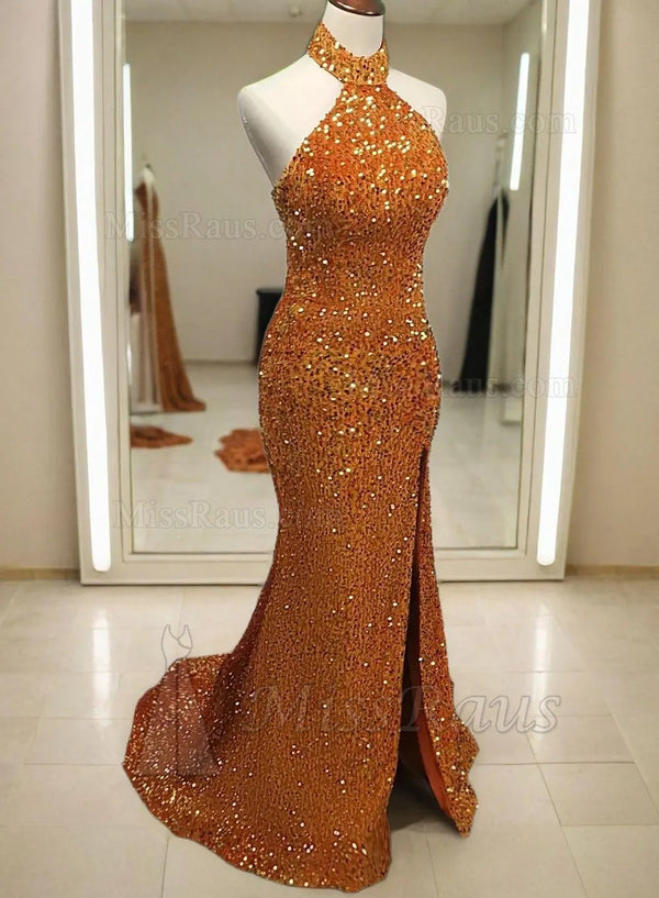 Sheath Sequence High Neck Side Slit Orange Long Prom Dress