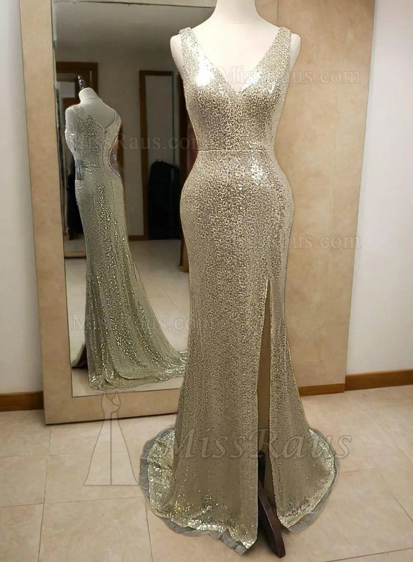 Gold Sequence V Neck Side Slit Sheath Long Prom Dress