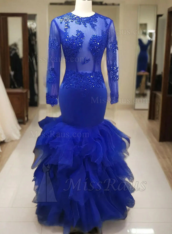 Royal Blue Long Sleeves Mermaid Mesh Tulle Long Prom Dress With Applique