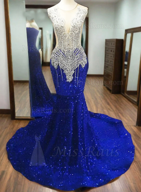 Royal Blue Mermaid Sequence Long Beaded With Diamonds Long Prom Dress