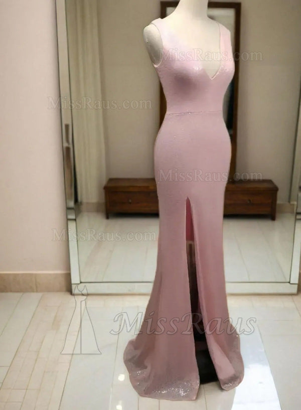 Pink Sheath V Beck Sequence Long Prom Dress With Side Slit