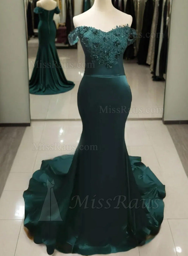 Off Shoulder Sheath Dark Green Silk Like Satin Beaded Long Prom Dress