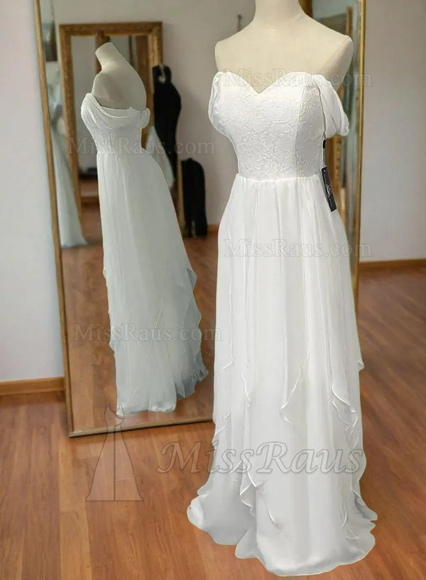 A Line Off Shoulder Chiffon With Lace Layered Beach Wedding Dress