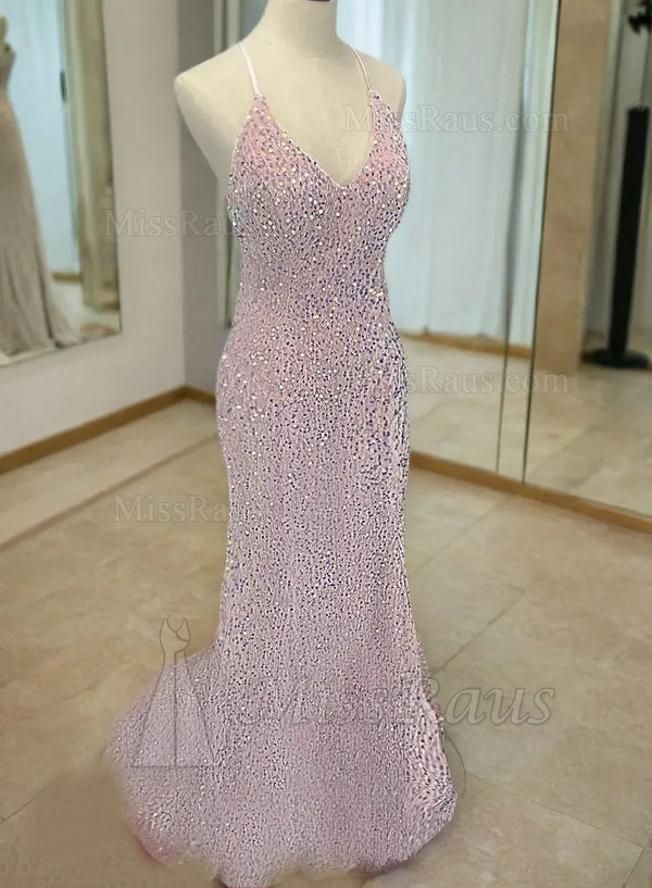 Pink Sheath Sequence V Neck Halter Long Prom Dress