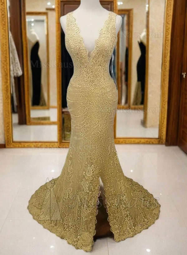 Sheath Lace V Neck Side Slit Ruched Champagne Long Prom Dress