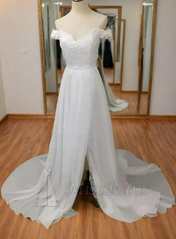 A Line Chiffon Off Shoulder Size Slit Beach Wedding Dress