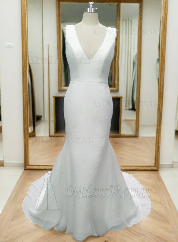 Satin V Neck Mermaid Long Beach Wedding Dress