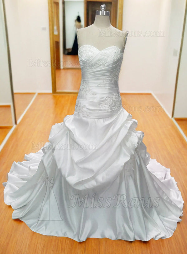 A Line Sweetheart Taffeta Ruched Beaded Long Classic Wedding Dress