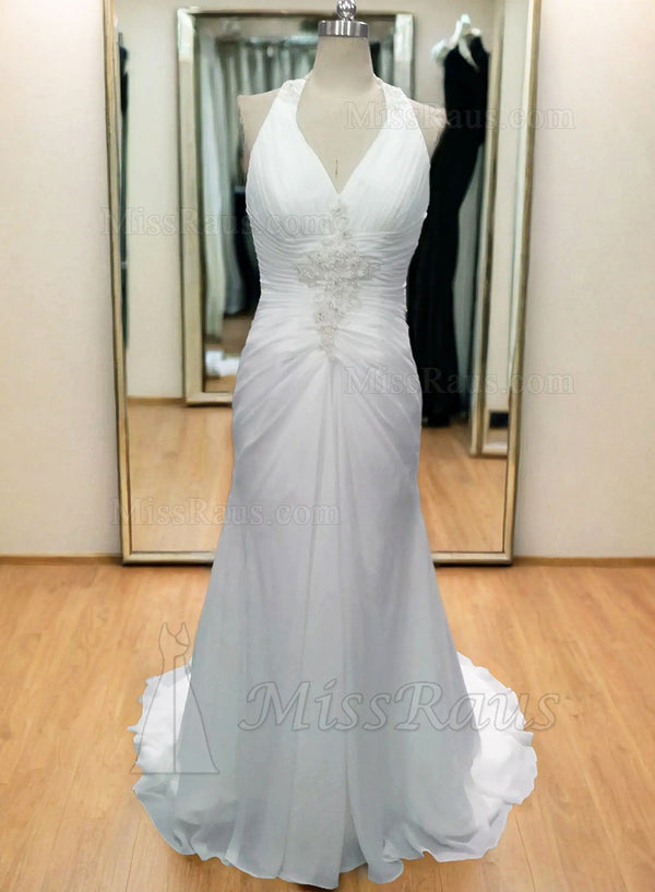 A Line Chiffon Ruched Halter Beaded Beach Wedding Dress