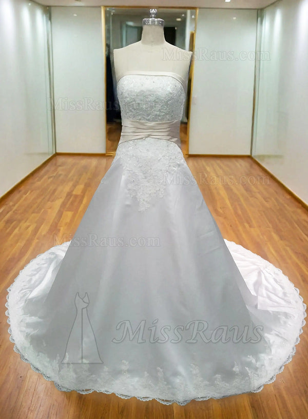 A Line Strapless Lace Trim Long Satin Wedding Dress With Appliques