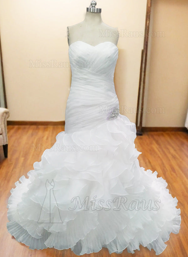 Mermaid Sweetheart Organza Ruched Long Beaded Wedding Dress