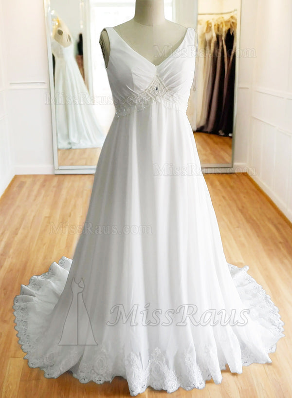 A Line V Neck Chiffon With Appliques Plus Size Beach Wedding Dress