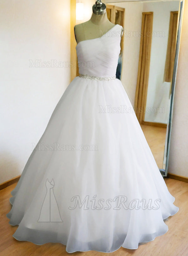 One Shoulder Beaded Chiffon Beaded Sash Long Wedding Dress