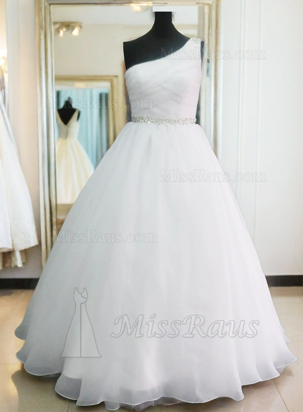 One Shoulder Pleated Beaded Plus Size Long Organza Wedding Dress