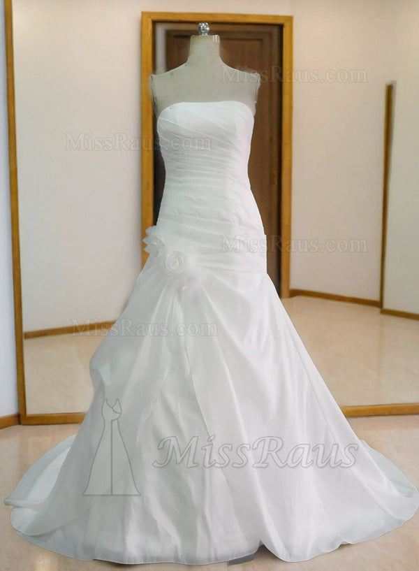 A Line Strapless Ruched Taffeta Long Wedding Dress With Floral