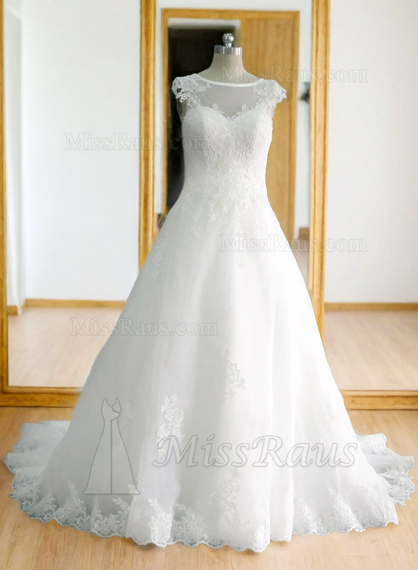 A Line Tulle With Lace Bateau Long Wedding Dress