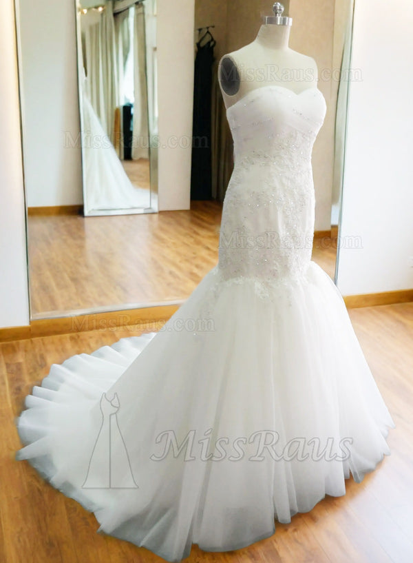 Sweetheart Tulle Mermaid Pleated Wedding Dress With Appliques