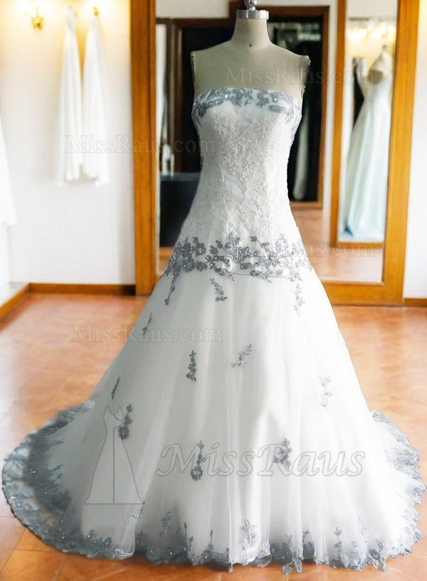 A Line Strapless Tulle With Silver Appliques Long Wedding Dress