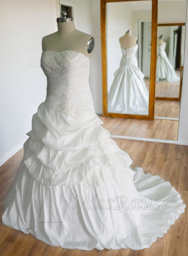 A Line Strapless Taffeta Beaded Layered Long Plus Size Wedding Dress