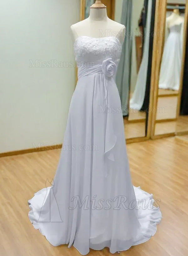 A Line Chiffon High Waist Strapless Beach Wedding Dress