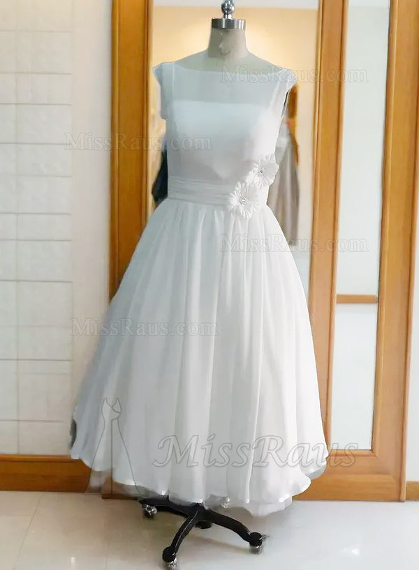 A Line Taffeta Bateau Tea Length Short Beach Wedding Dress