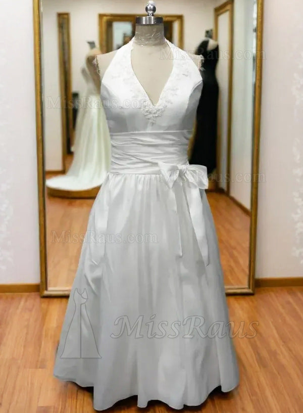 A  Line Halter Taffeta Floor Length Beach Wedding Dress With Bowknot