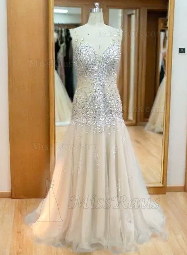 A Line V Neck Champagne Beach Wedding Dress With Diamonds