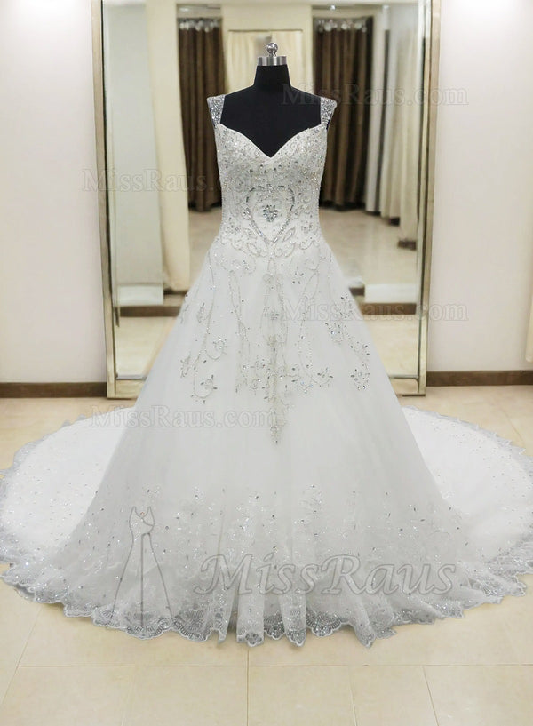 A Line Beaded Sweetheart Long Wedding Dress With Diamonds