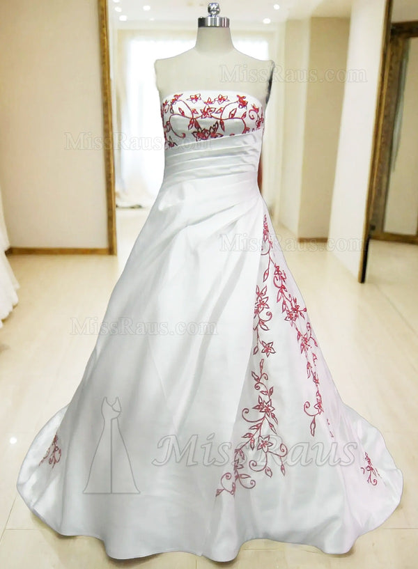 A Line Strapless Satin Pleated Wedding Dress With Red Embroidery