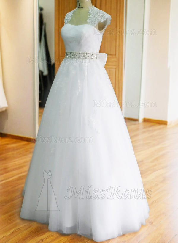 A Line Tulle With Applique Capped Sleeves Beaded White Wedding Dress